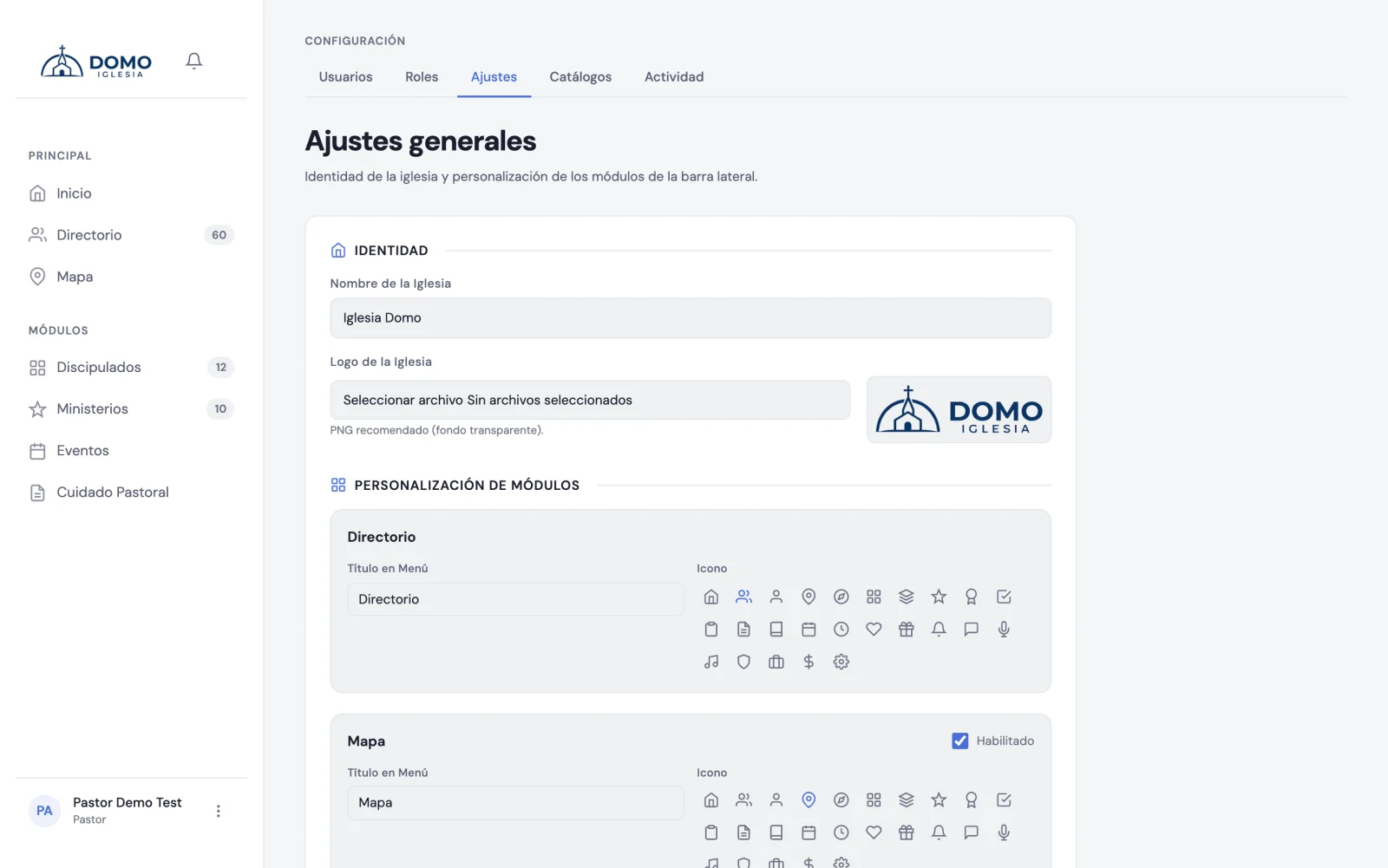 Ajustes: identidad de la iglesia y personalización de los módulos