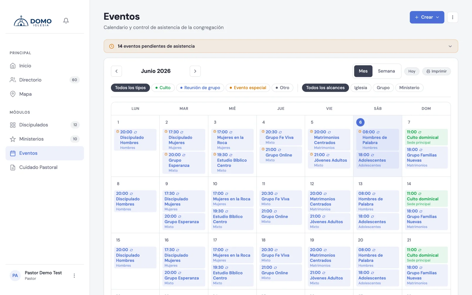 El calendario de Eventos con filtros por tipo y alcance, y vista de mes