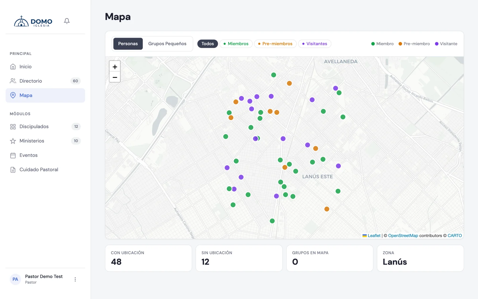 El Mapa con las personas ubicadas, coloreadas por etapa